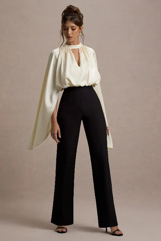 Urban Sophistication Amity | Black & Cream Wide-Leg Jumpsuit With Satin Cape Sleeves