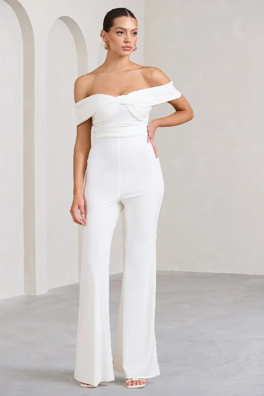 Trend Forward Threads For Her Recognition | White Off The Shoulder Ruched Jumpsuit