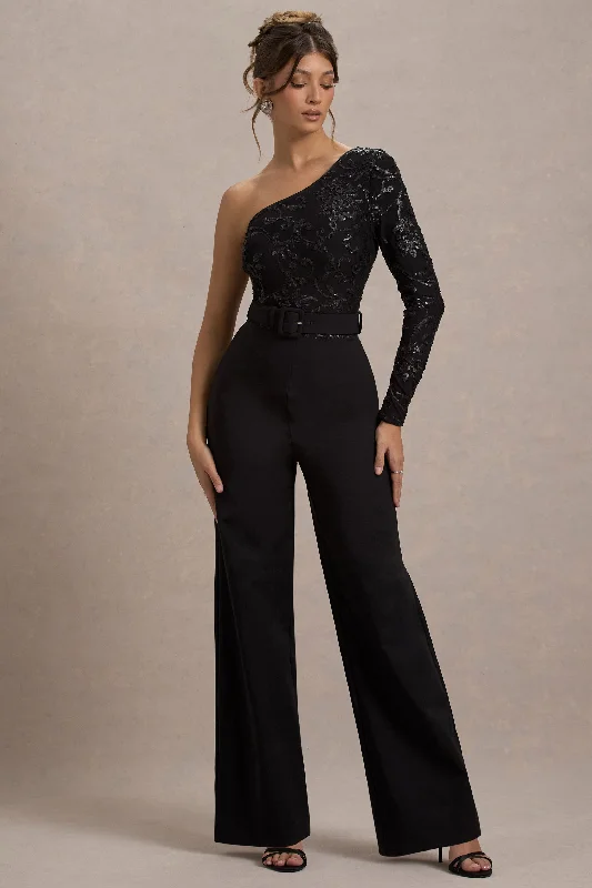 Contemporary Chic Upgrade | Black Lace Asymmetric Belted Wide-Leg Jumpsuit