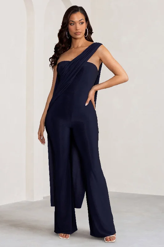 Daily Essentials Kendra | Navy Asymmetric Bandeau Jumpsuit with Drape