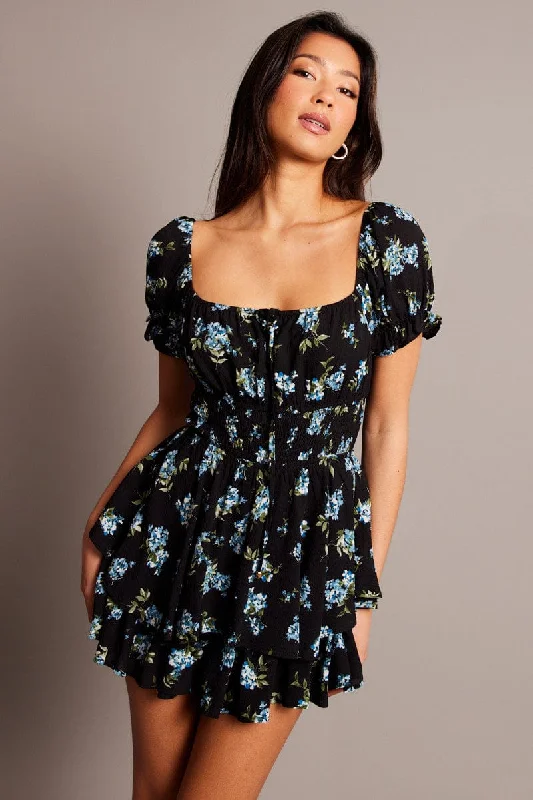 Bold Silhouette Black Floral Ruffle Playsuit Short Sleeve Ruched Bust