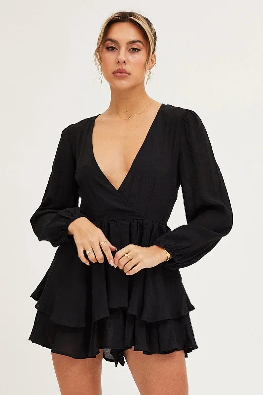 Fashionista Favorites Black Playsuit Long Sleeve V Neck