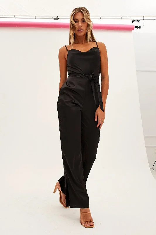 Classic Charm Black Satin Jumpsuit Cowl Neck Belted Waist