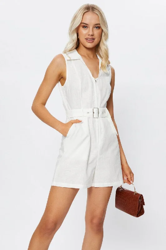 Low Price Special White Sleeveless Linen Belted Playsuit