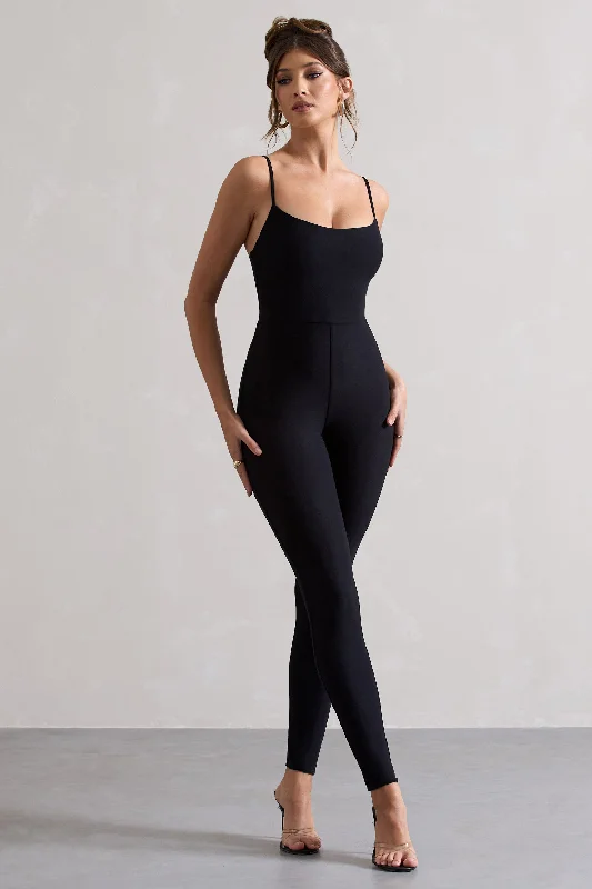 Trendy Street Style Kat | Black Strappy Skinny-Leg Unitard