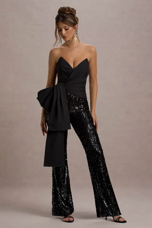 Polished Finish Bianco | Black Sequin Strapless Flared-Leg Jumpsuit With Drape