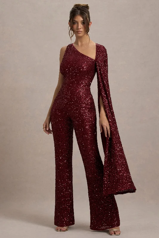 Everyday Glamour Star Seeker | Port Sequin One-Shoulder Cape Sleeve Jumpsuit