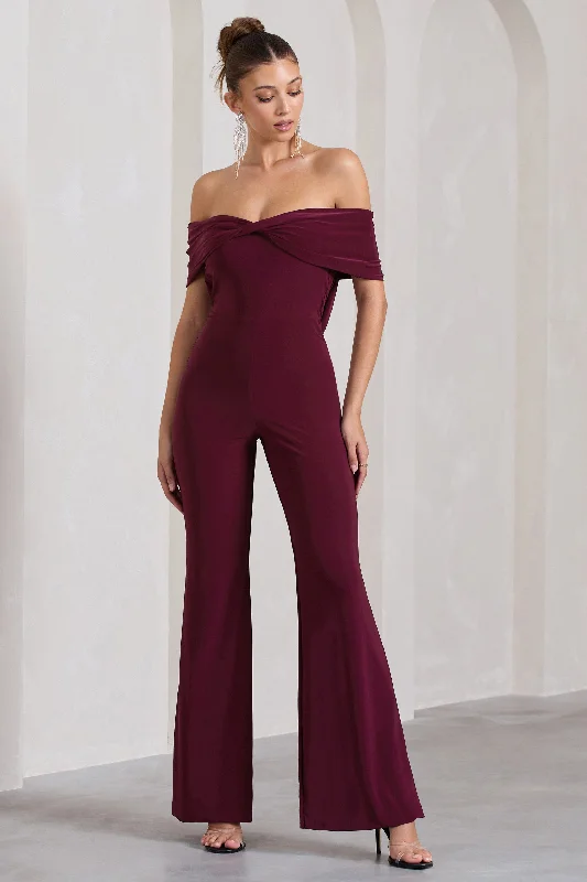 Quality Wear Gemma | Burgundy Bardot Open-Back Flared-Leg Jumpsuit