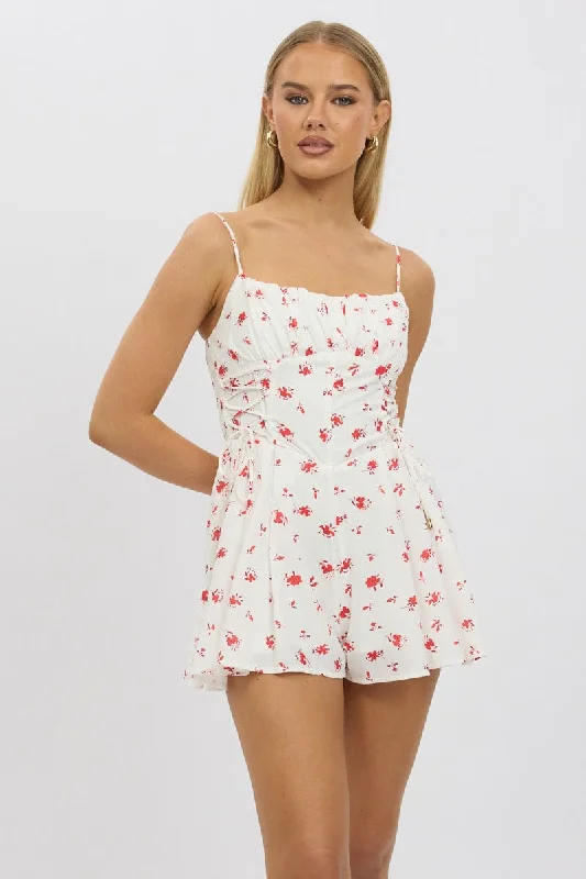 Best Deals Of The Season White Floral Playsuit Ruched Bust Strappy