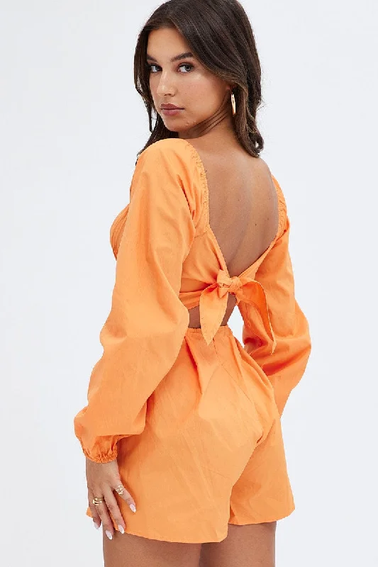 Fashion Forward Style Orange Poplin Playsuit Long Sleeve Tie Back