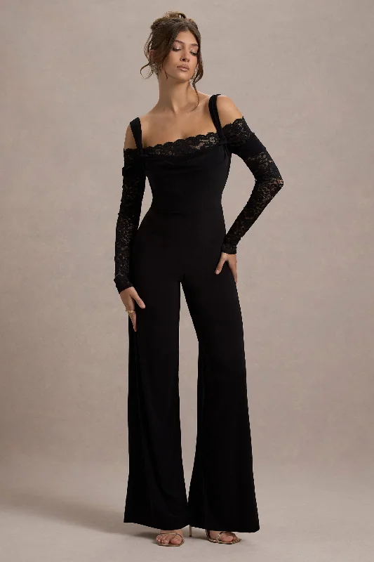 Romantic Flair Palmira | Black Wide-Leg Jumpsuit With Lace Sleeves