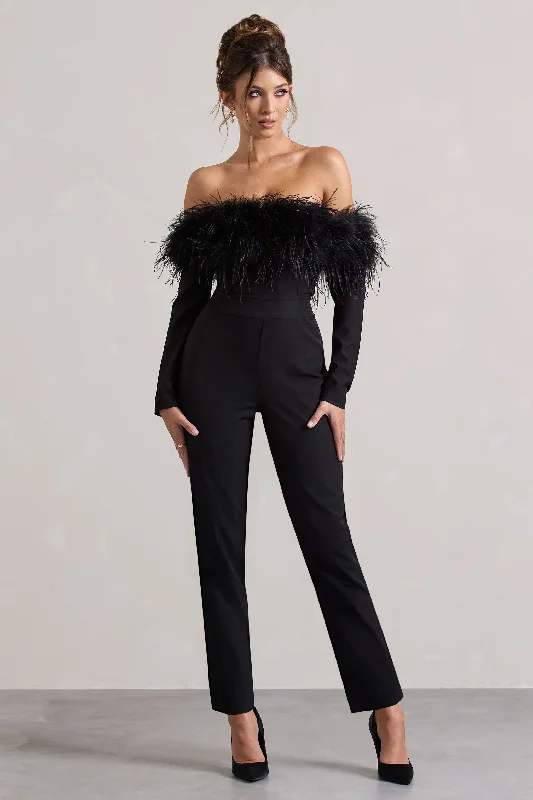 Summer Fashion Ales | Black Bardot Tailored Straight-Leg Jumpsuit With Feather Trim