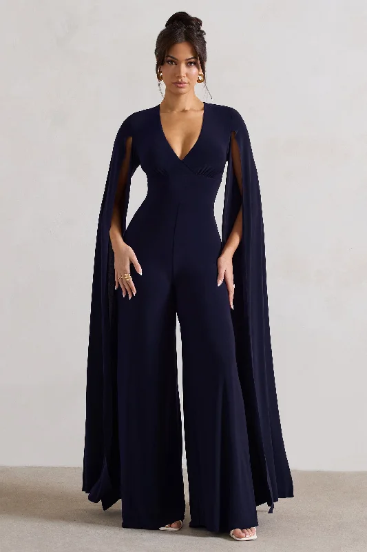 Cool Prices Emmanuela | Navy Plunge-Neck Wide-Leg Jumpsuit With Cape Sleeves