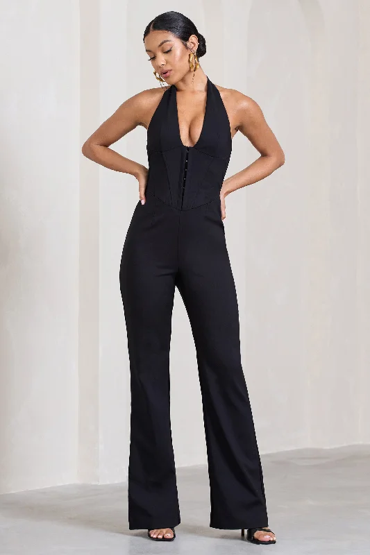 Effortless Chic Apparel Margherita | Black Halter-Neck Corset Wide-Leg Jumpsuit