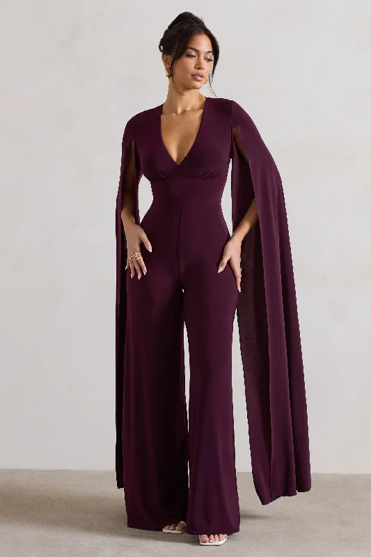 Fashion Forward Outfits Emmanuela | Plum Plunge-Neck Wide-Leg Jumpsuit With Cape Sleeves