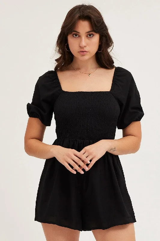 Limited Time Offers Black Playsuit Short Sleeve Square Neck