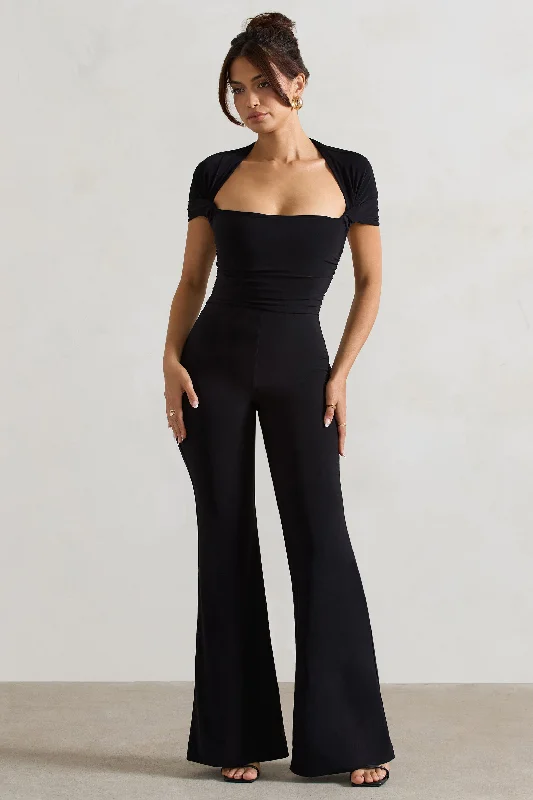 Effortless Comfort Silvanna | Black Ruched Square-Neck Flared-Leg Jumpsuit