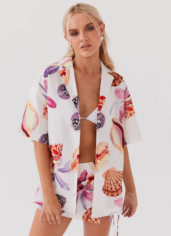 Flash Deals Summer Retreat Oversized Linen Shirt - Seaside Bouquet