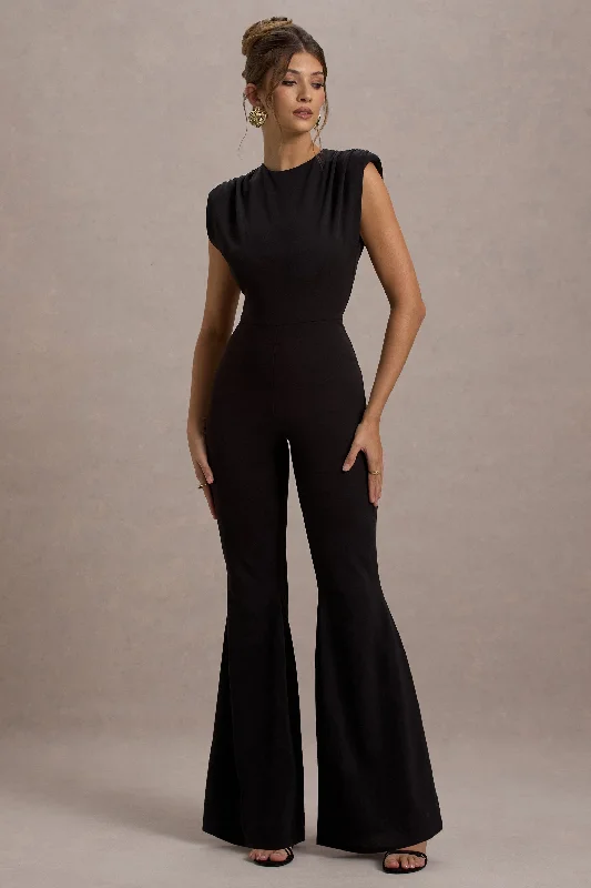 Bold Silhouette Elyna | Black High-Neck Draped Flared-Leg Jumpsuit