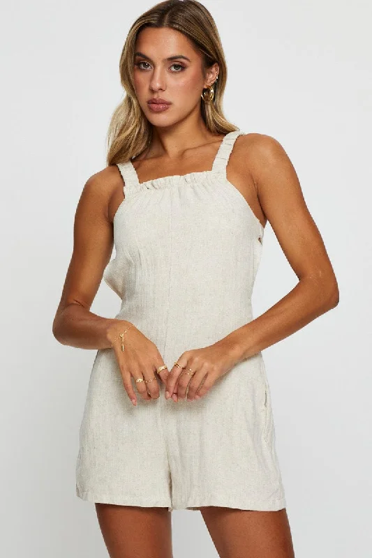 Budget Friendly Beige Playsuit Linen Short