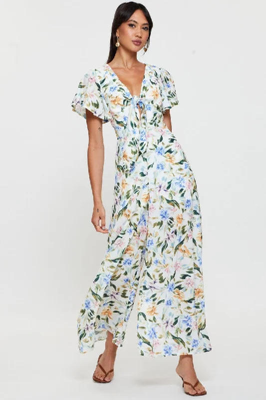 Summer Fashion Print Wide Leg Jumpsuit Short Sleeve