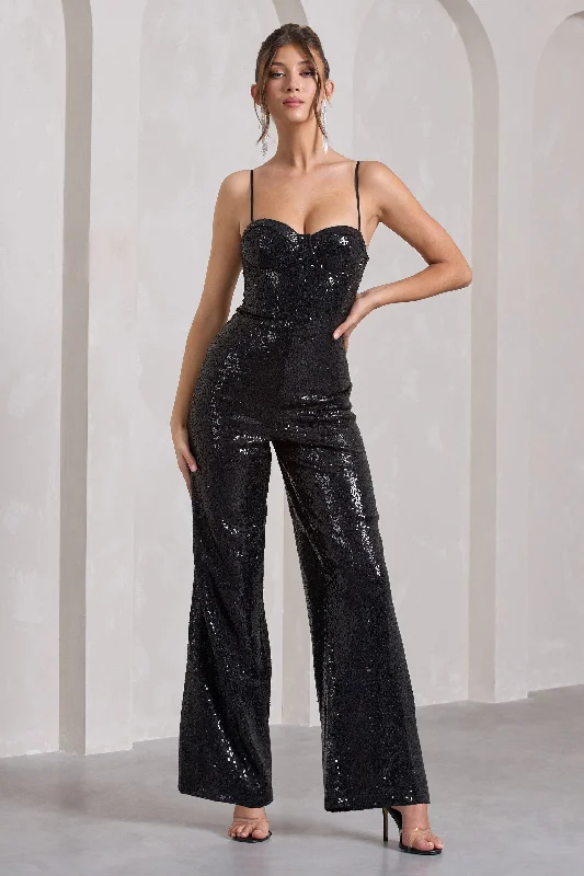 Versatile Style Wardrobe Dandelion | Black Strappy Corset Sequin Jumpsuit