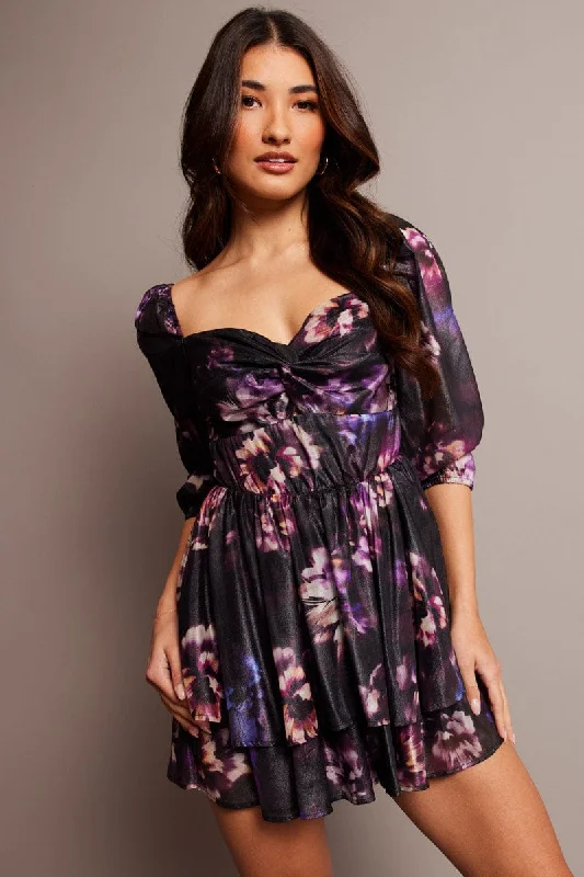 Elevated Style Purple Floral Playsuit Twisted Front