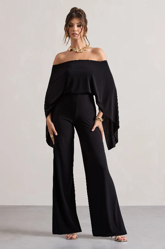 Luxe Women's Apparel Kori | Black Bardot Wide-Leg Jumpsuit With Cape