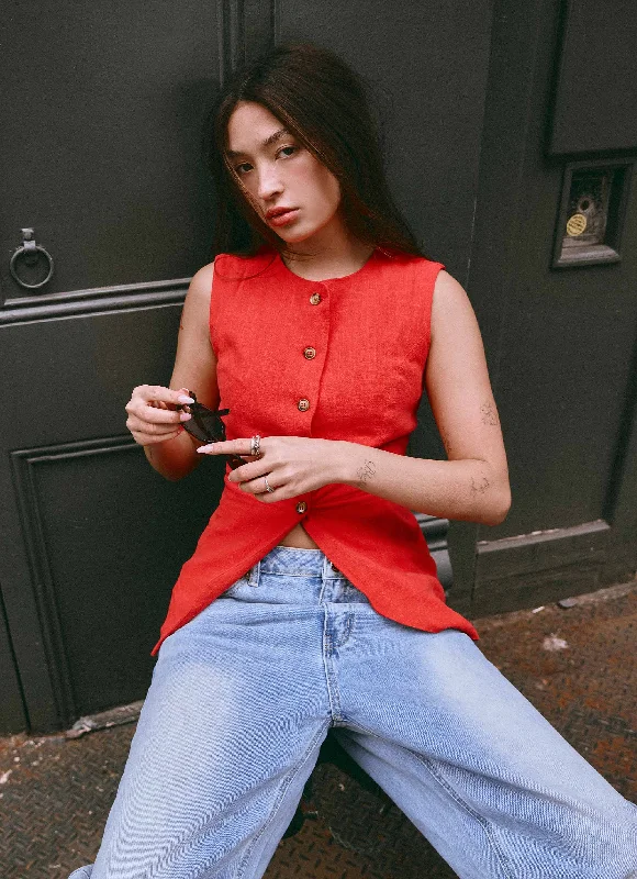 Score Big On Glamorous Red - Carpet Styles Born For Bordeaux Linen Vest - Poppy Red