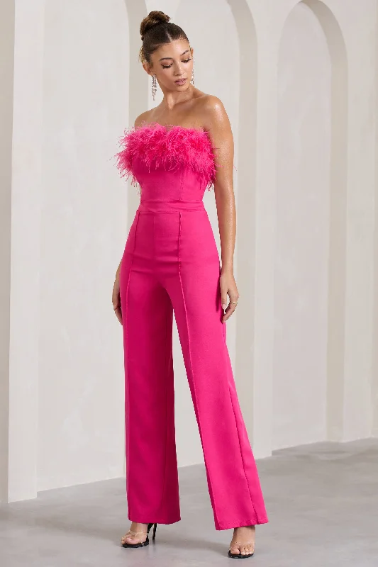 Dive Into Trendy Styles First Class | Hot Pink Bandeau Feather Wide Leg Jumpsuit