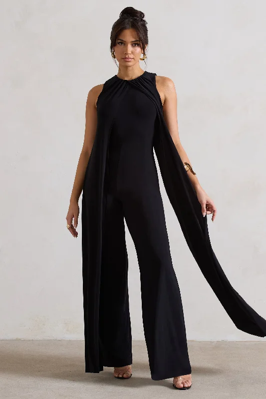 Chic Style Essence | Black High-Neck Wide-Leg Jumpsuit With Cape