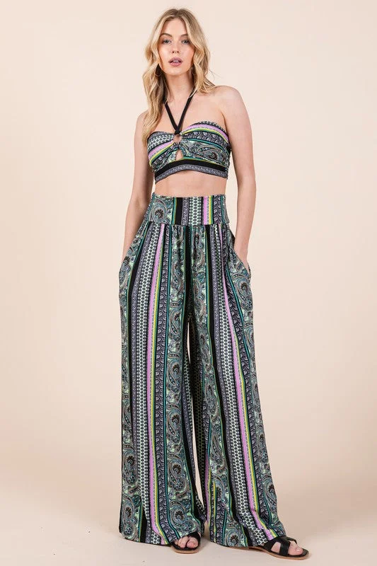 Elegant Style Hot Girl Eclectic Boho Halter Crop Top & Wide Leg Pant Set