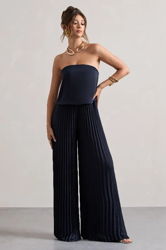 Casual Chic Clothing Tammi | Navy Satin Strapless Plisse Wide-Leg Jumpsuit