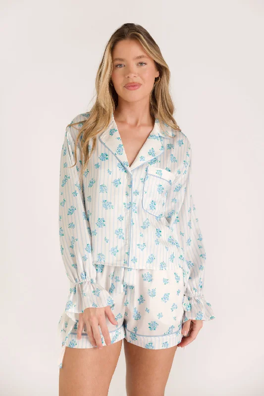 Trendy Fashion Sale Lottie Satin Pajama Set in White/Blue Floral and Stripes