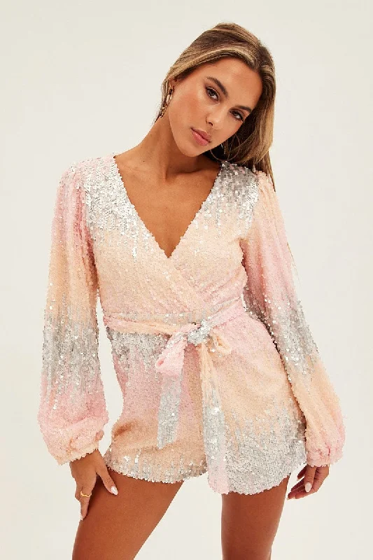 Season Sale Multi Colour Sequin Playsuit Long Sleeve V Neck