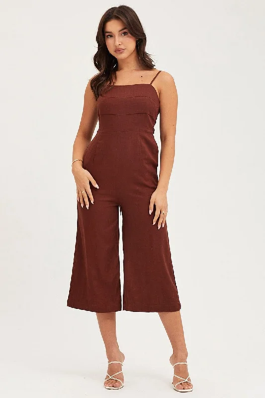 Discounts On Casual Weekend Styles Brown Sleeveless Tie Back Jumpsuit Linen Blend