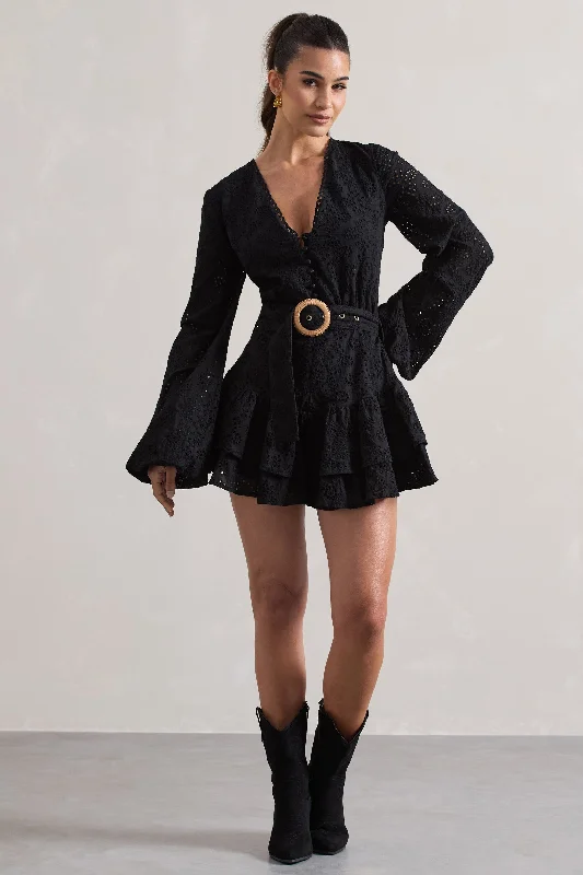 Unbeatable Prices Places To Be | Black Broderie Belted Ruffled Playsuit