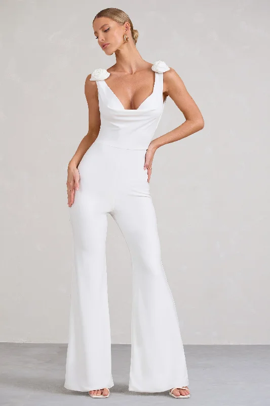 Trend Forward Women's Wear Posy | White Cowl-Neck Jumpsuit With Corsages And Lace Detail