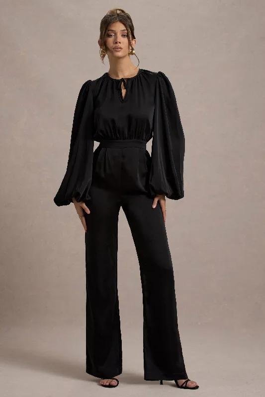 Exquisite Craftsmanship Suzanna | Black Satin Puff-Sleeve Wide-Leg Jumpsuit