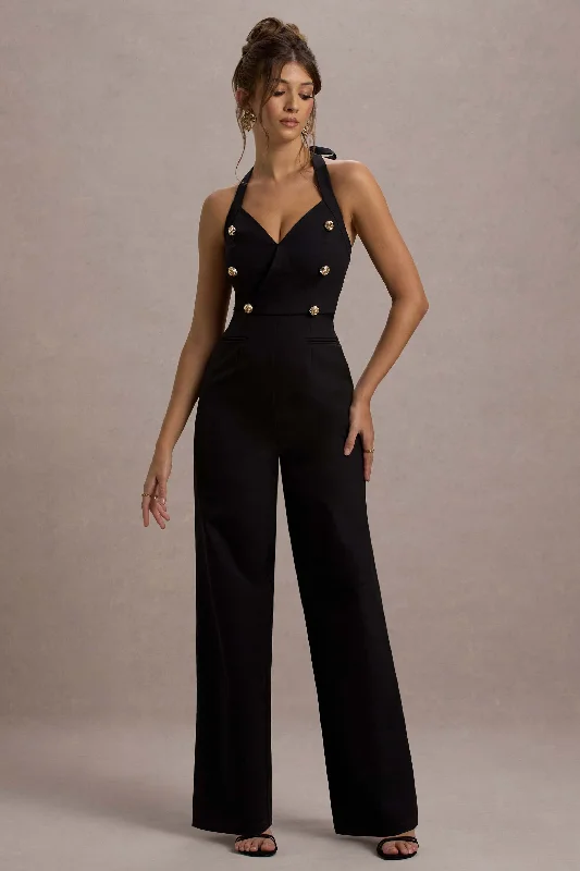 Flowy Fabric Banks | Black Tailored Halter-Neck Straight-Leg Jumpsuit