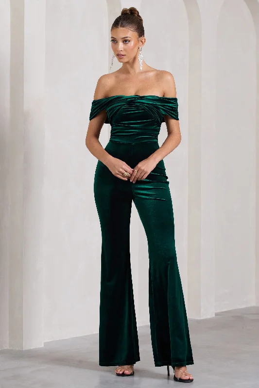 Versatile Wardrobe Essentials Recognition | Bottle Green Velvet Twisted Bardot Wide-Leg Jumpsuit