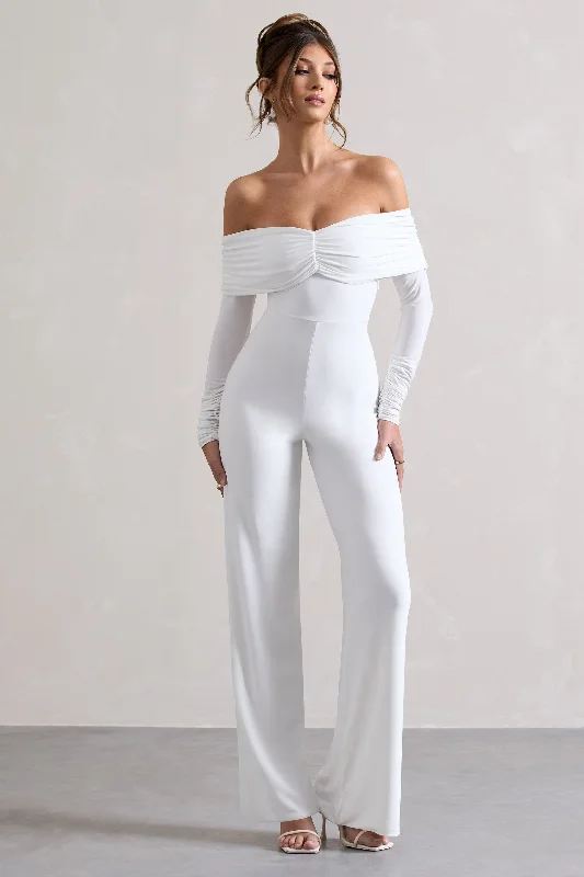 Bold Fashion Jules | White Bardot Long-Sleeve Straight-Leg Jumpsuit