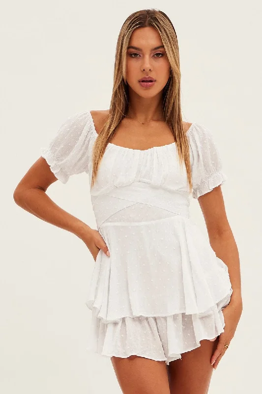 Exclusive Sale White Ruffle Playsuit Short Sleeve Tie Back