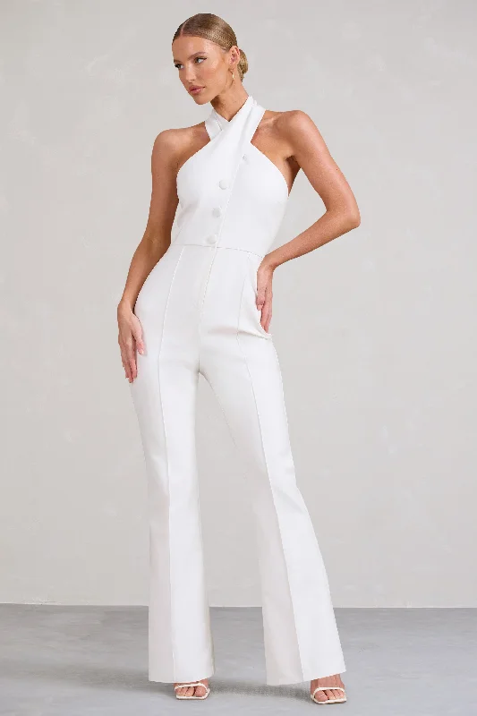 Ride The Style Wave Don't Cross Me | White Halter Neck Tailored Buttoned Sleeveless Jumpsuit