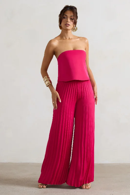 Chic Everyday Wear Tammi | Dark Pink Satin Strapless Plisse Wide-Leg Jumpsuit