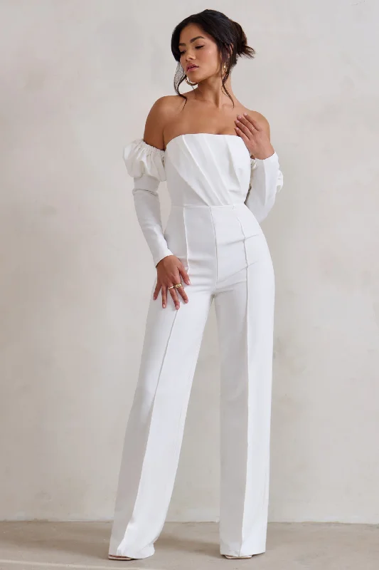 Trendy And Individual Women's Fashion Reema | White Bardot Puff Long Sleeve Jumpsuit