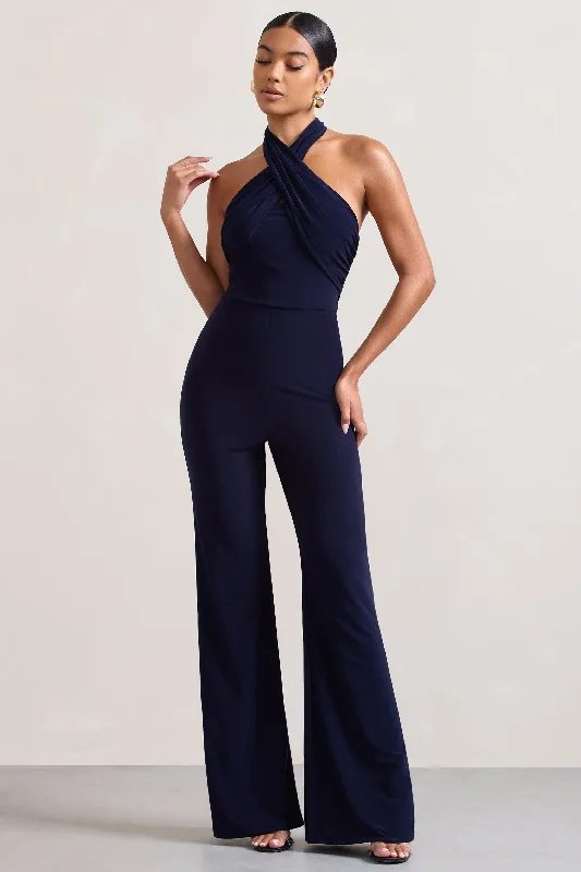 Cutting Edge Fashion Goddess | Navy Halter Neck Flare Jumpsuit