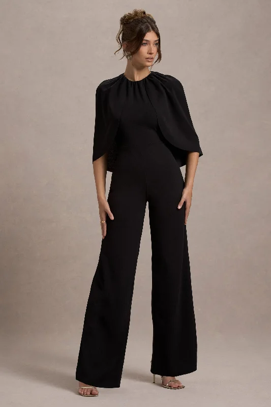 Luxury Style Arbor | Black Cape-Sleeve Straight-Leg Jumpsuit