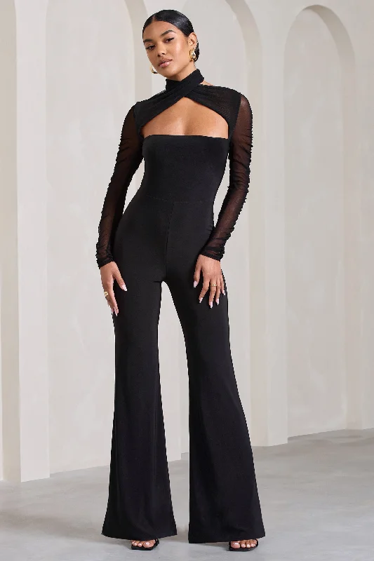 Style Breakthroughs Fallon | Black Flared-Leg Jumpsuit With Long Mesh Sleeves