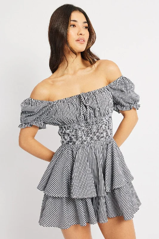 Lightweight Fabric Black Check Ruffle Playsuit Short Sleeve Ruched Bust